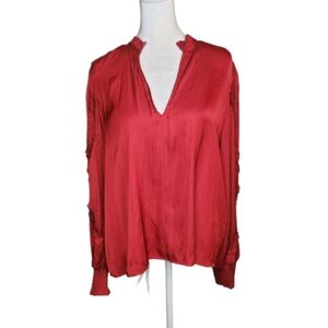 Evereve Satin V Neck Popover Top Rust Red Pleated Sleeve Detail Size Large